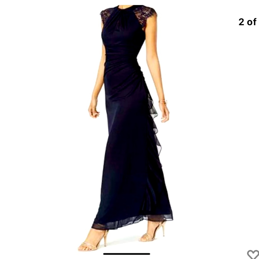 ❤️Betsy Adam B&A Ruched Lace-Trim Gown Navy Size 6